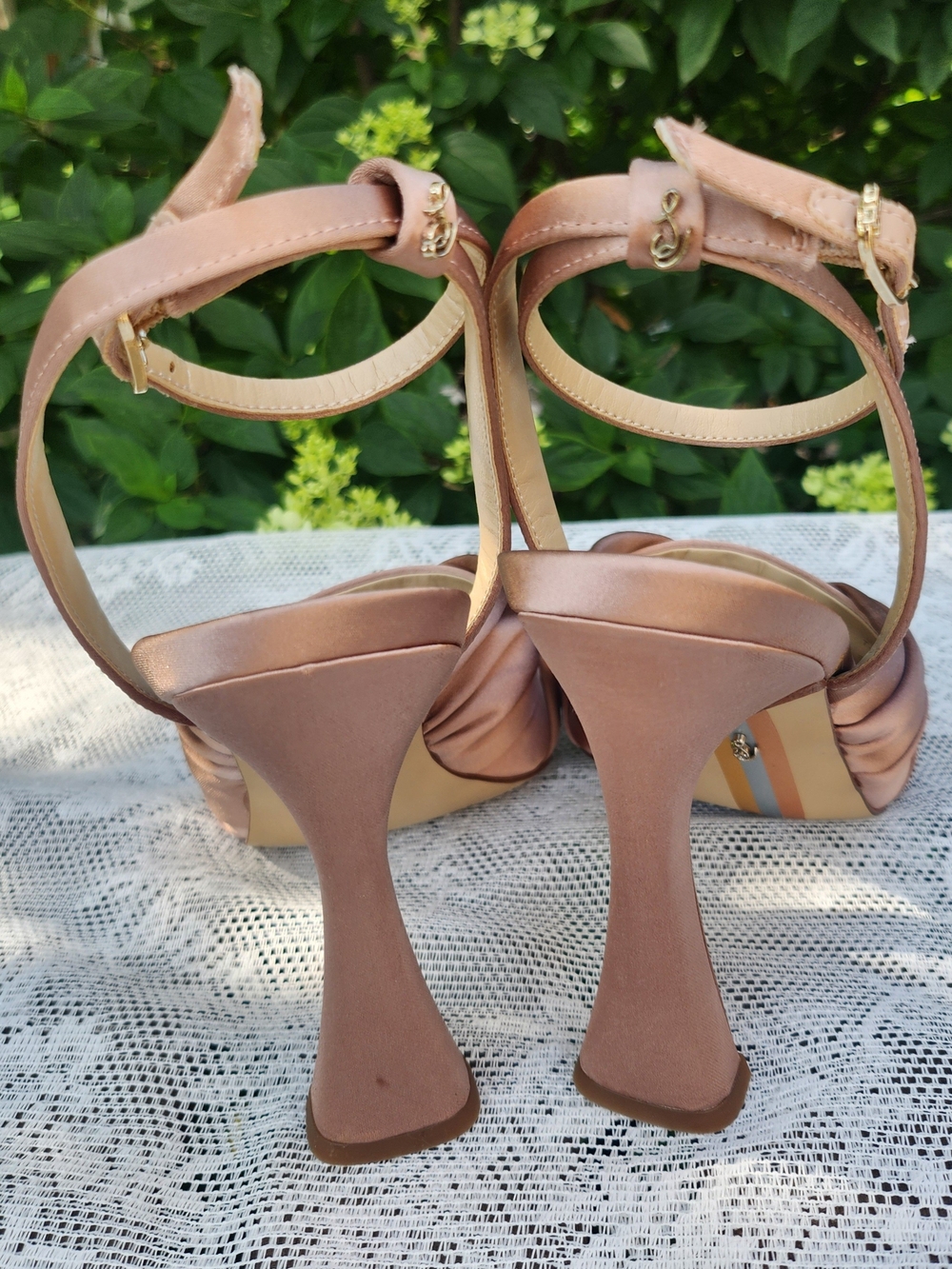 Sam Edelman Lavendar 7.5 Praline Rose Gold Satin Knot Front Ankle-Strap Heels - Picture 3 of 5